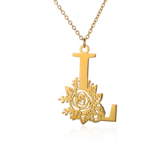 Picture of 304 Stainless Steel Rolo Chain Necklace 18K Gold Color Capital Alphabet/ Letter Rose Flower Message " L " Hollow 38cm(15") long, 1 Piece