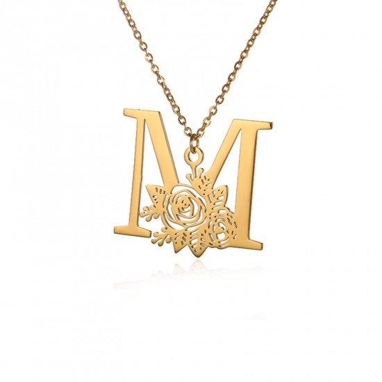 Picture of 304 Stainless Steel Rolo Chain Necklace 18K Gold Color Capital Alphabet/ Letter Rose Flower Message " M " Hollow 38cm(15") long, 1 Piece