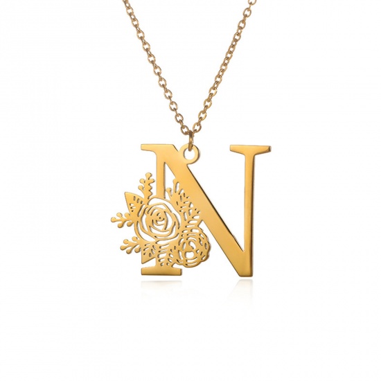 Picture of 304 Stainless Steel Rolo Chain Necklace 18K Gold Color Capital Alphabet/ Letter Rose Flower Message " N " Hollow 38cm(15") long, 1 Piece