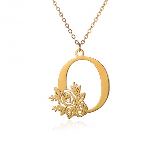 Picture of 304 Stainless Steel Rolo Chain Necklace 18K Gold Color Capital Alphabet/ Letter Rose Flower Message " O " Hollow 38cm(15") long, 1 Piece
