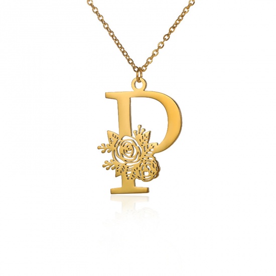 Picture of 304 Stainless Steel Rolo Chain Necklace 18K Gold Color Capital Alphabet/ Letter Rose Flower Message " P " Hollow 38cm(15") long, 1 Piece