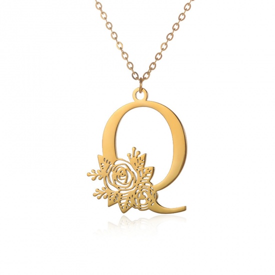 Picture of 304 Stainless Steel Rolo Chain Necklace 18K Gold Color Capital Alphabet/ Letter Rose Flower Message " Q " Hollow 38cm(15") long, 1 Piece