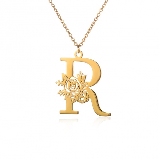 Picture of 304 Stainless Steel Rolo Chain Necklace 18K Gold Color Capital Alphabet/ Letter Rose Flower Message " R " Hollow 38cm(15") long, 1 Piece
