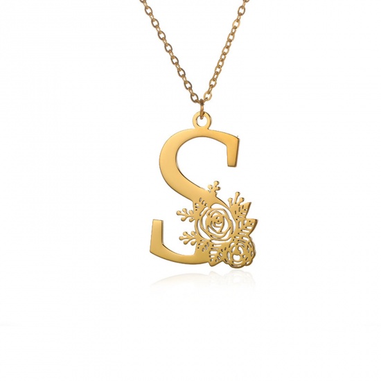 Picture of 304 Stainless Steel Rolo Chain Necklace 18K Gold Color Capital Alphabet/ Letter Rose Flower Message " S " Hollow 38cm(15") long, 1 Piece