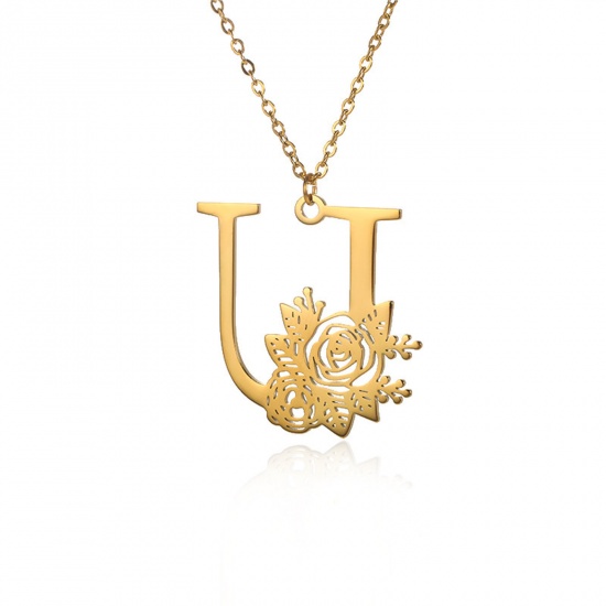 Picture of 304 Stainless Steel Rolo Chain Necklace 18K Gold Color Capital Alphabet/ Letter Rose Flower Message " U " Hollow 38cm(15") long, 1 Piece