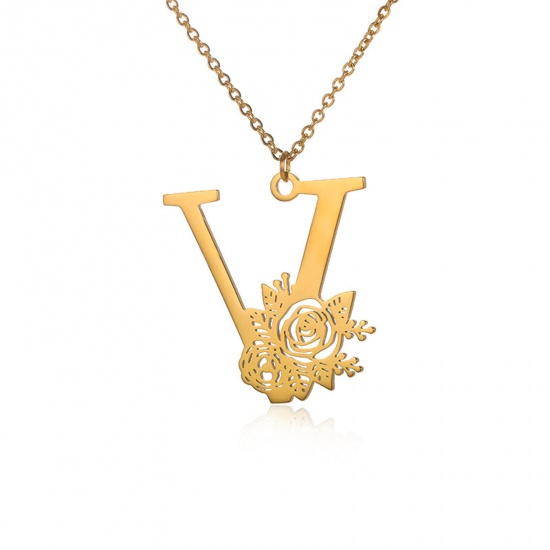 Picture of 304 Stainless Steel Rolo Chain Necklace 18K Gold Color Capital Alphabet/ Letter Rose Flower Message " V " Hollow 38cm(15") long, 1 Piece
