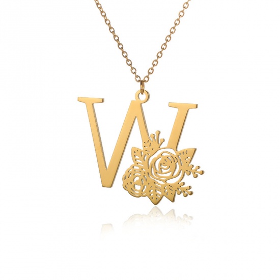 Picture of 304 Stainless Steel Rolo Chain Necklace 18K Gold Color Capital Alphabet/ Letter Rose Flower Message " W " Hollow 38cm(15") long, 1 Piece