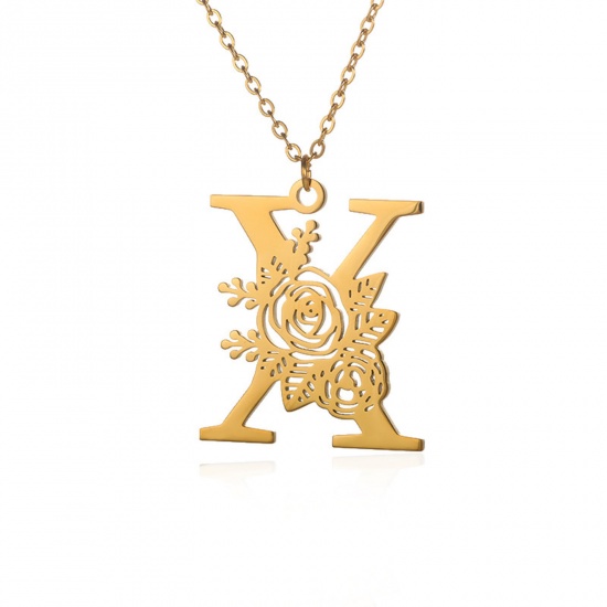 Picture of 304 Stainless Steel Rolo Chain Necklace 18K Gold Color Capital Alphabet/ Letter Rose Flower Message " X " Hollow 38cm(15") long, 1 Piece