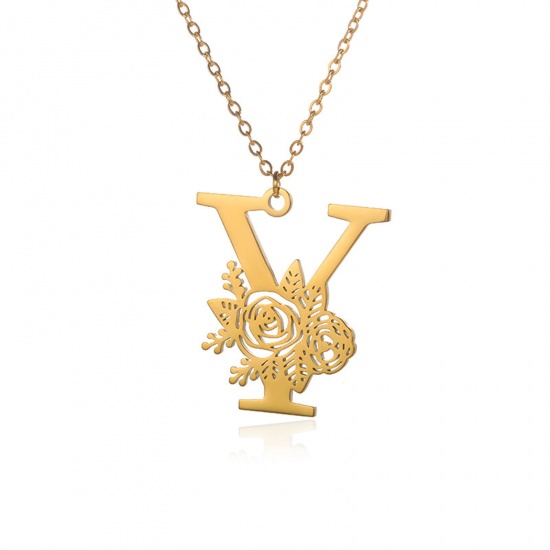 Picture of 304 Stainless Steel Rolo Chain Necklace 18K Gold Color Capital Alphabet/ Letter Rose Flower Message " Y " Hollow 38cm(15") long, 1 Piece