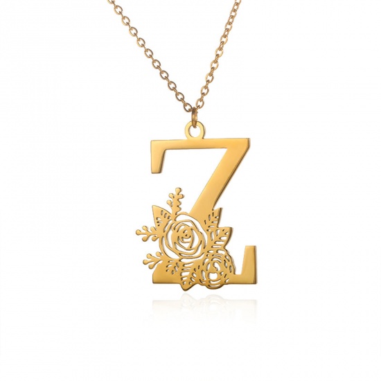 Picture of 304 Stainless Steel Rolo Chain Necklace 18K Gold Color Capital Alphabet/ Letter Rose Flower Message " Z " Hollow 38cm(15") long, 1 Piece