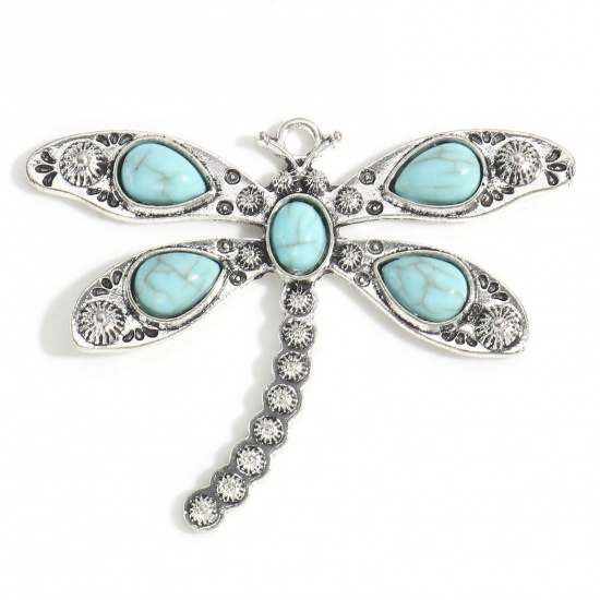 Picture of Zinc Based Alloy Boho Chic Bohemia Pendants Antique Silver Color Dragonfly Animal With Resin Cabochons Imitation Turquoise 6.1cm x 4.7cm, 5 PCs