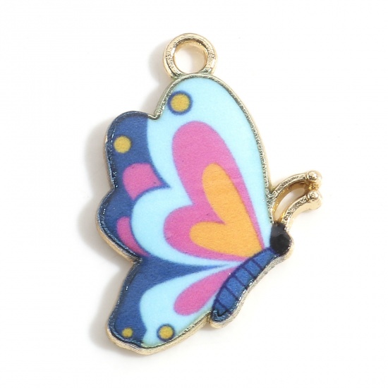 Picture of Zinc Based Alloy Charms Gold Plated Blue Butterfly Animal Enamel 24mm x 17mm, 10 PCs