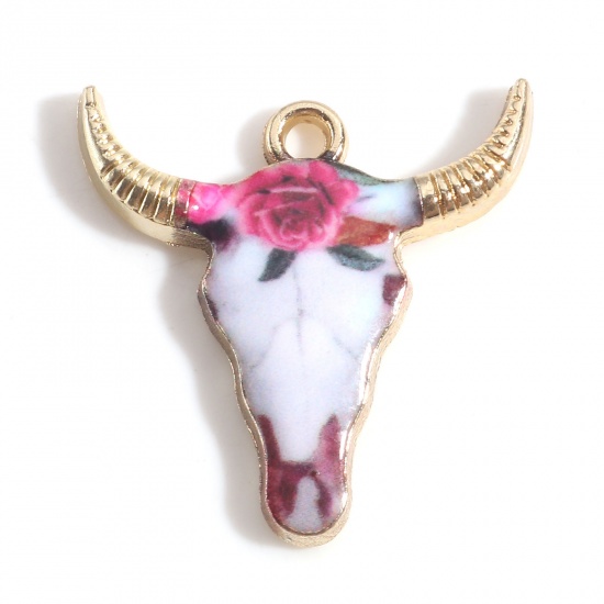 Picture of Zinc Based Alloy Boho Chic Bohemia Charms Gold Plated Multicolor Bull Head/ Cow Head Rose Flower Enamel 22mm x 21mm, 10 PCs