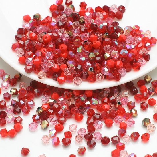 Image de Perles pour DIY Fabrication de Bijoux de Charme en Verre Bicône Rouge Mixte à Facettes 4mm x 4mm, Trou: 0.8mm, 1 Paquet (env. 200 Pcs/Paquet)
