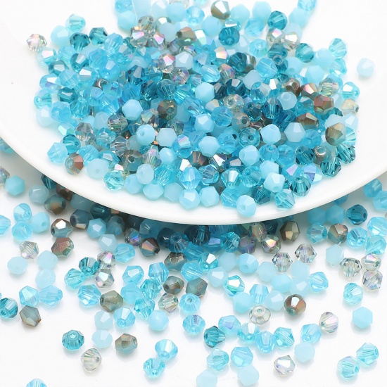 Picture of Glass Beads For DIY Charm Jewelry Making Bicone Lake Blue Mixed Faceted About 4mm x 4mm, Hole: Approx 0.8mm, 1 Packet (Approx 200 PCs/Packet)
