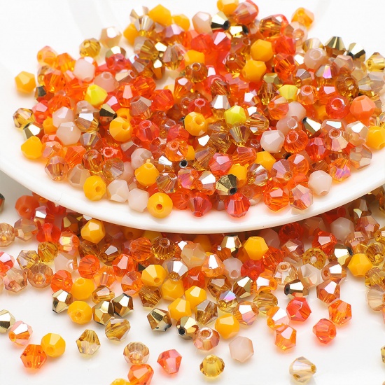 Picture of Glass Beads For DIY Charm Jewelry Making Bicone Orange Mixed Faceted About 4mm x 4mm, Hole: Approx 0.8mm, 1 Packet (Approx 200 PCs/Packet)