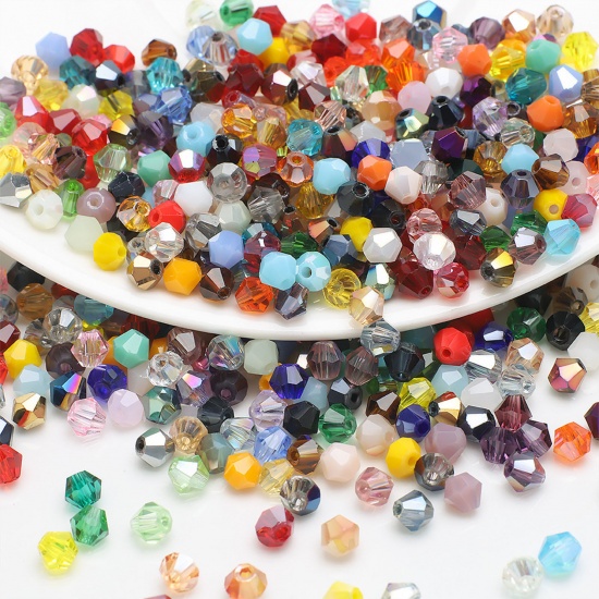 Picture of Glass Beads For DIY Charm Jewelry Making Bicone At Random Mixed Color Faceted About 4mm x 4mm, Hole: Approx 0.8mm, 1 Packet (Approx 200 PCs/Packet)