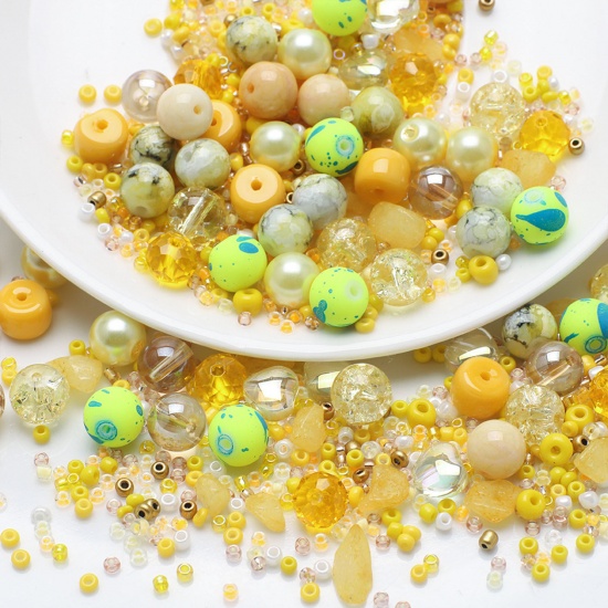 Picture of Glass Beads For DIY Charm Jewelry Making Round Yellow Mixed Painted About 8mm Dia. - 2x1.5mm, Hole: Approx 1.4mm-0.6mm, 1 Set