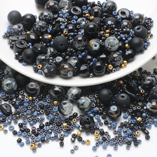Picture of Glass Beads For DIY Charm Jewelry Making Round Black Mixed Painted About 8mm Dia. - 2x1.5mm, Hole: Approx 1.4mm-0.6mm, 1 Set