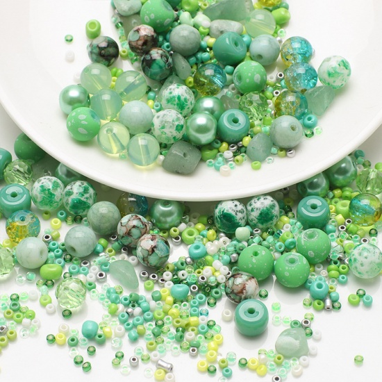 Picture of Glass Beads For DIY Charm Jewelry Making Round Light Green Mixed Painted About 8mm Dia. - 2x1.5mm, Hole: Approx 1.4mm-0.6mm, 1 Set