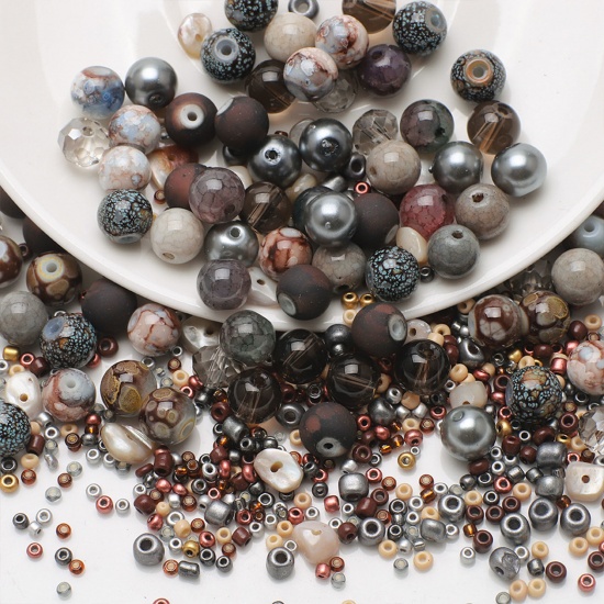 Picture of Glass Beads For DIY Charm Jewelry Making Round Dark Coffee Mixed Painted About 8mm Dia. - 2x1.5mm, Hole: Approx 1.4mm-0.6mm, 1 Set