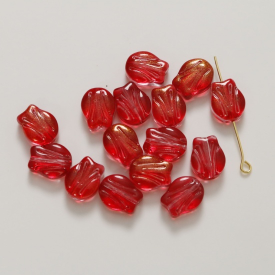 Picture of Glass Beads For DIY Charm Jewelry Making Rose Flower Red About 10mm x 8mm, Hole: Approx 0.8mm, 50 PCs
