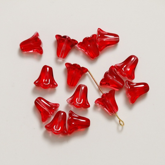 Picture of Glass Beads For DIY Charm Jewelry Making Lily Of The Valley Flower Red About 11mm x 10mm, Hole: Approx 0.8mm, 50 PCs