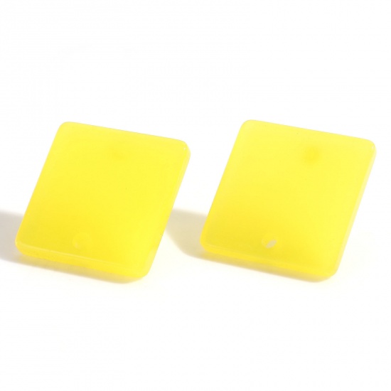 Picture of Acrylic Geometry Series Ear Post Stud Earrings Findings Square Yellow With Loop 16mm x 16mm, Post/ Wire Size: (21 gauge), 10 PCs