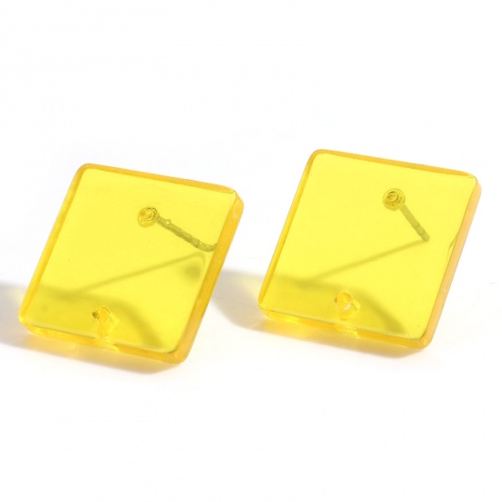 Picture of Acrylic Geometry Series Ear Post Stud Earrings Findings Square Amber With Loop 16mm x 16mm, Post/ Wire Size: (21 gauge), 10 PCs