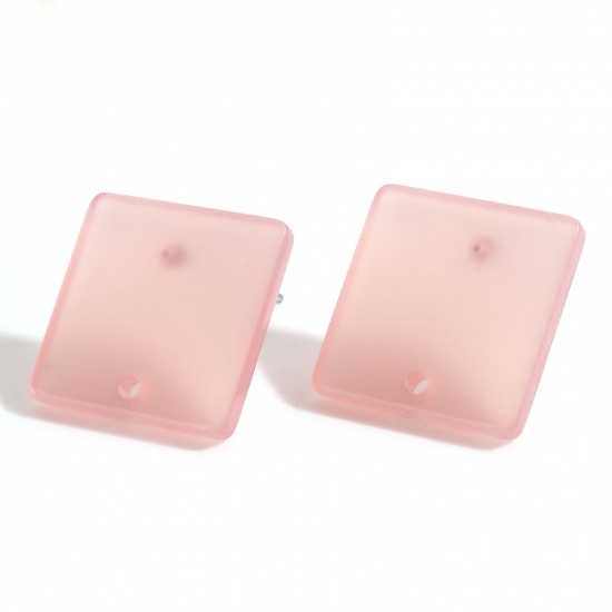 Picture of Acrylic Geometry Series Ear Post Stud Earrings Findings Square Dark Pink With Loop 16mm x 16mm, Post/ Wire Size: (21 gauge), 10 PCs