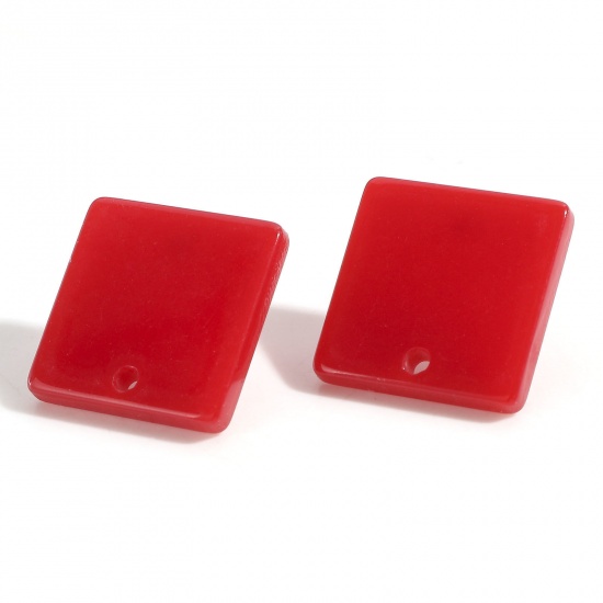 Picture of Acrylic Geometry Series Ear Post Stud Earrings Findings Square Red With Loop 16mm x 16mm, Post/ Wire Size: (21 gauge), 10 PCs