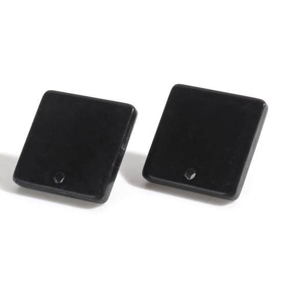 Picture of Acrylic Geometry Series Ear Post Stud Earrings Findings Square Black With Loop 16mm x 16mm, Post/ Wire Size: (21 gauge), 10 PCs
