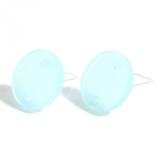 Picture of Acrylic Geometry Series Ear Post Stud Earrings Findings Round Lake Blue With Loop 14mm Dia., Post/ Wire Size: (21 gauge), 10 PCs
