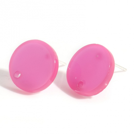 Picture of Acrylic Geometry Series Ear Post Stud Earrings Findings Round Fuchsia With Loop 14mm Dia., Post/ Wire Size: (21 gauge), 10 PCs