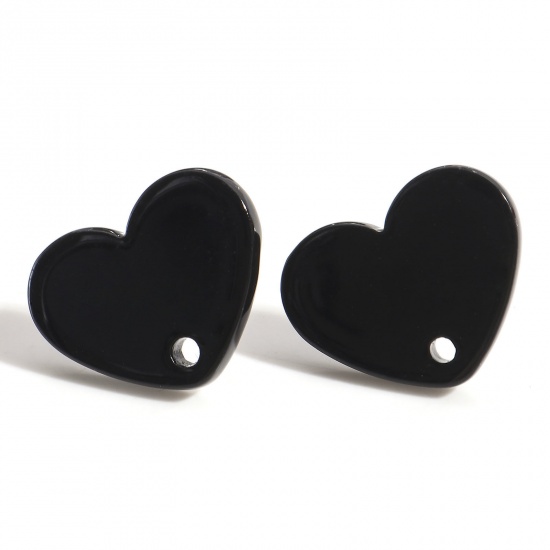 Picture of Acrylic Valentine's Day Ear Post Stud Earrings Findings Heart Black With Loop 17mm x 13mm, Post/ Wire Size: (21 gauge), 10 PCs