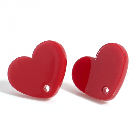 Picture of Acrylic Valentine's Day Ear Post Stud Earrings Findings Heart Red With Loop 17mm x 13mm, Post/ Wire Size: (21 gauge), 10 PCs