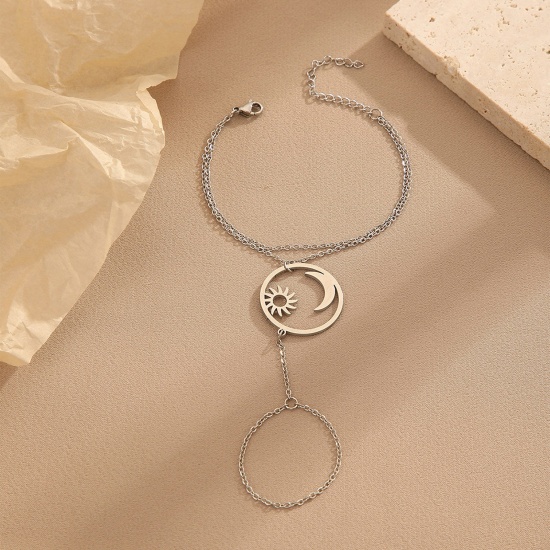 Bild von 304 Edelstahl-Gliederkette, Retro-Nagel-Fingerring-Kette, Armbänder, silberfarben, Halbmond, Sonne, 16 cm – 21 cm lang, 1 Stück