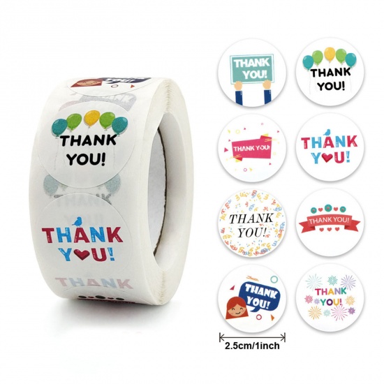 Picture of Art Paper DIY Scrapbook Deco Stickers White Round Cartoon Images Message " THANK YOU " 2.5cm Dia., 1 Roll ( 500 PCs/Set)