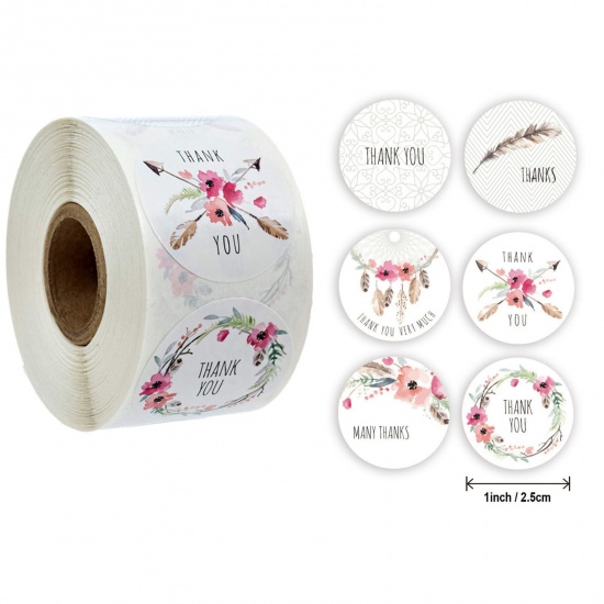 Picture of Art Paper DIY Scrapbook Deco Stickers White Round Flower Message " THANK YOU " 2.5cm Dia., 1 Roll ( 500 PCs/Set)