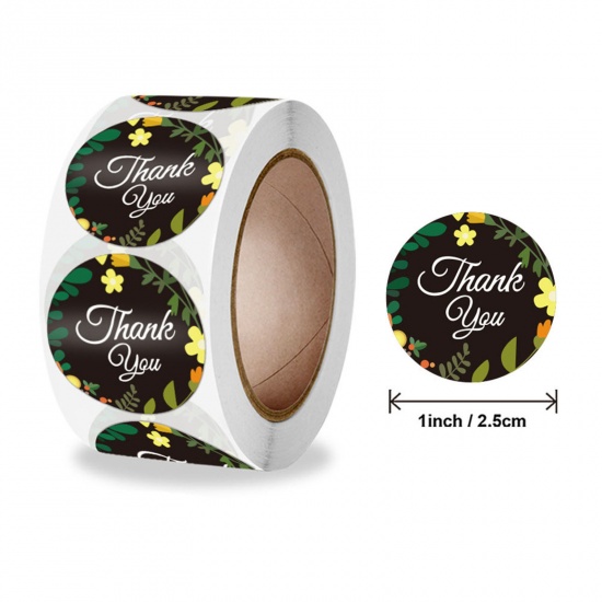 Picture of Art Paper DIY Scrapbook Deco Stickers Black Round Flower Leaves Message " THANK YOU " 2.5cm Dia., 1 Roll ( 500 PCs/Set)