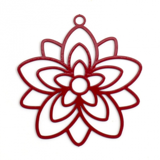 Immagine di Lega di Ferro Filigree Stamping Ciondoli Rosso Fiore Filigrana 3.3cm x 3cm, 10 Pz