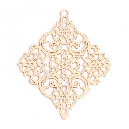 Immagine di Lega di Ferro Filigree Stamping Ciondoli KC Placcato Oro Rombo Filigrana 3.8cm x 3cm, 10 Pz