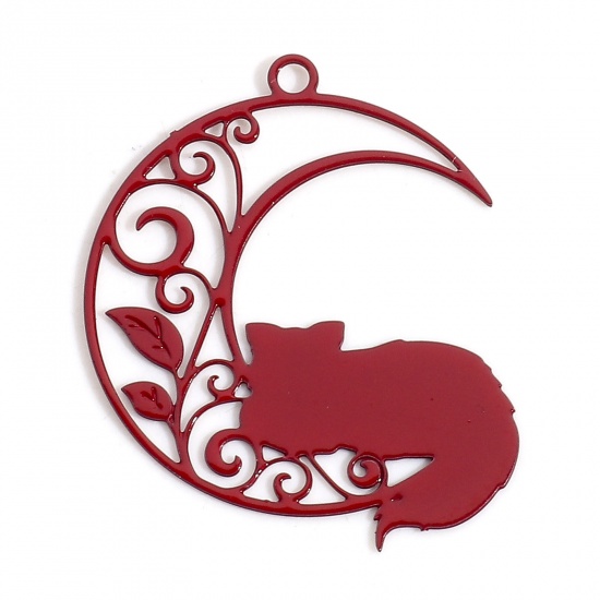 Bild von Eisenlegierung Filigran Stempel Verzierung Charms Rot Halbmond Katze Hohl 26mm x 22mm, 10 Stück