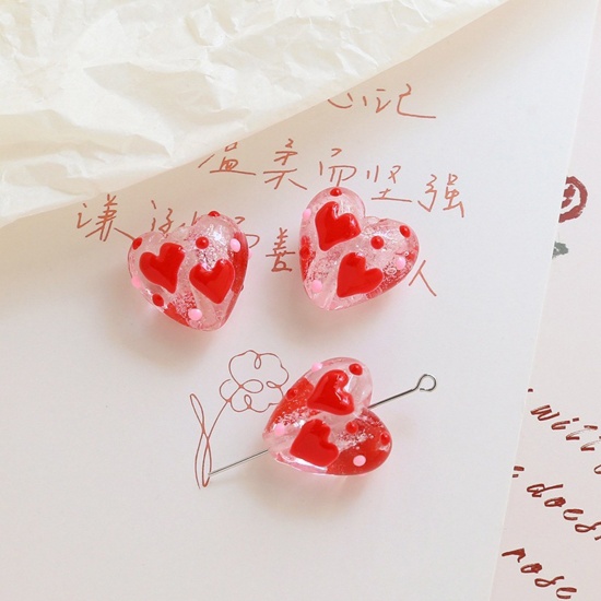 Picture of Lampwork Glass Valentine's Day Beads For DIY Charm Jewelry Making Heart Red Dot Handmade About 20mm x 19mm, Hole: Approx 1.8mm, 2 PCs