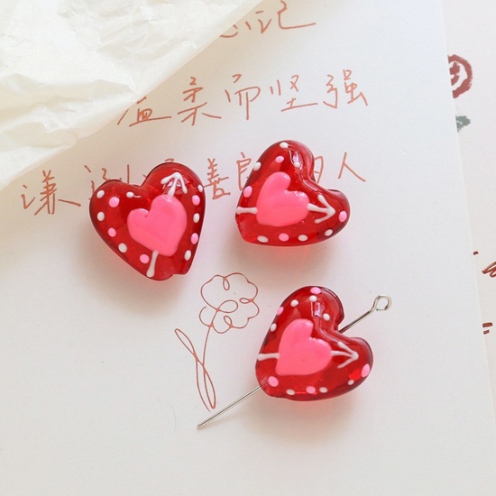 Picture of Lampwork Glass Valentine's Day Beads For DIY Charm Jewelry Making Heart Red Dot Handmade About 20mm x 19mm, Hole: Approx 1.8mm, 2 PCs