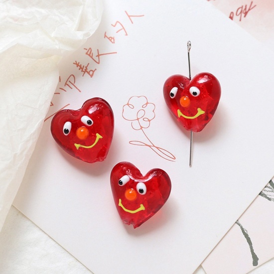 Picture of Lampwork Glass Valentine's Day Beads For DIY Charm Jewelry Making Heart Red Smile Handmade About 20mm x 19mm, Hole: Approx 1.8mm, 2 PCs