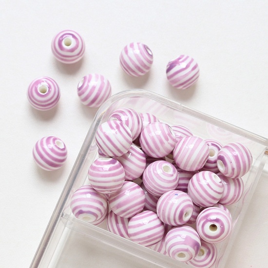Picture of Ceramic Beads For DIY Charm Jewelry Making Round Purple Stripe About 12mm Dia, Hole: Approx 2.5mm, 5 PCs