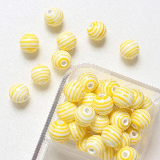 Picture of Ceramic Beads For DIY Charm Jewelry Making Round Yellow Stripe About 12mm Dia, Hole: Approx 2.5mm, 5 PCs