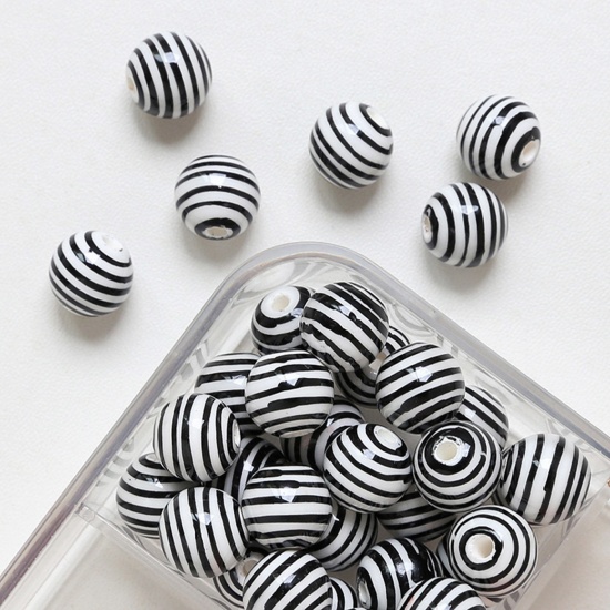 Picture of Ceramic Beads For DIY Charm Jewelry Making Round Black Stripe About 12mm Dia, Hole: Approx 2.5mm, 5 PCs