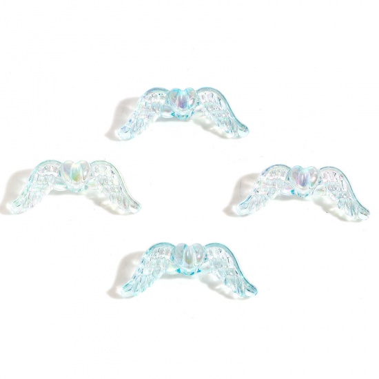 Picture of Acrylic Guardian Angel Wing Beads For DIY Jewelry Making Blue AB Rainbow Color Wing Transparent About 3.4cm x 1.4cm, Hole: Approx 2.4mm, 10 PCs